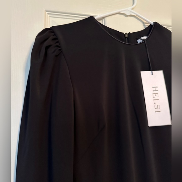 NWT - HELSI “Greta” Puff Sleeve Black Fringe Midi Dress with Gold Accents - Picture 12 of 15